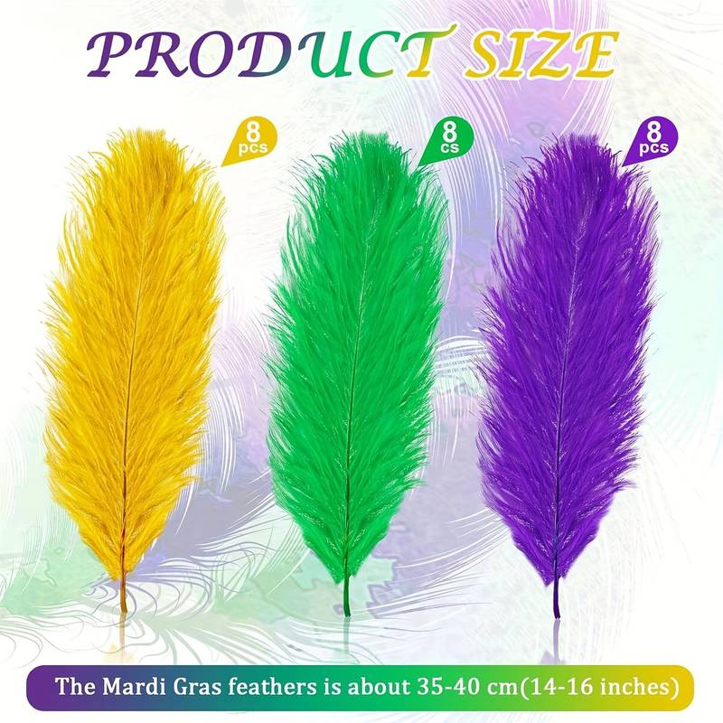 24pcs Mardi Gras Ostrich Feather 14-16 Inch/35-40 Cm Colorful Purple Yellow  Green Feathers For Crafts DIY Party Decoration Carnival Costume